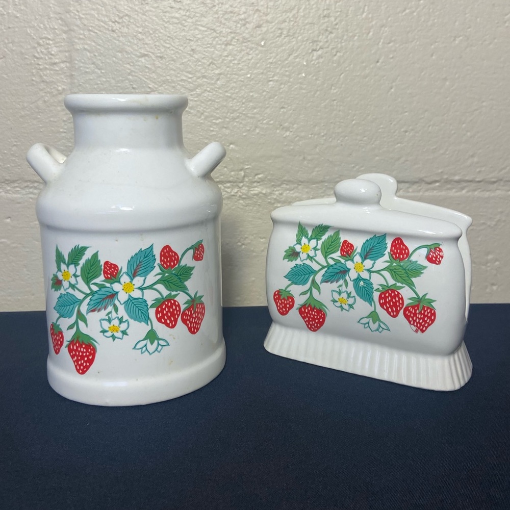 Vintage White Ceramic Milk Jug And Napkin Holder Strawberries On Vines Taiwan
